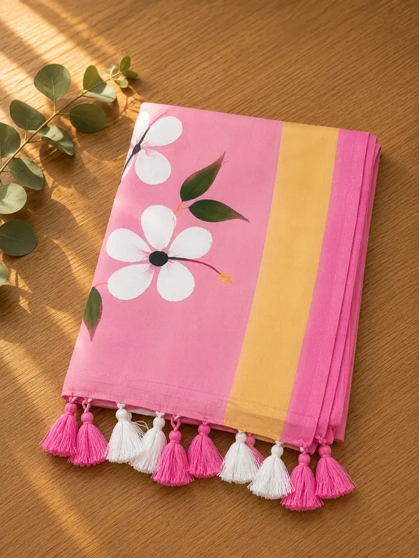 Pink,_White_Mul_Cotton_Floral_hand_painted_Saree_For_Women