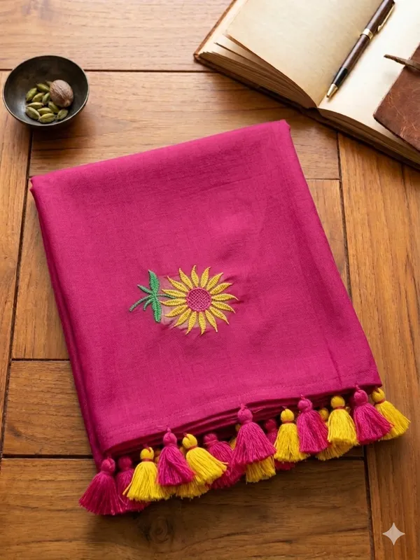 Dark_Pink_Mul_Cotton_Sunflower_Embroidered_Tassel_Saree_For_Women