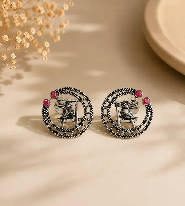 Parakeet_silver_toned_Dark_Pink_German_Silver_Bird_Motif_Stud_For_Women