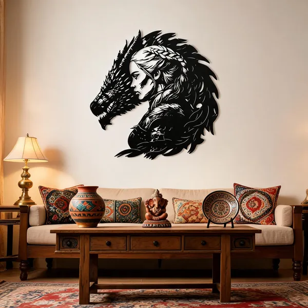 Steel_Fantasy_Dragon_And_Woman_Silhouette_Metal_Wall_Art