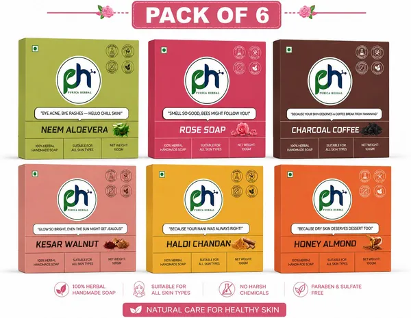 Purica_Herbal_Combo_Pack_(Charcol-Haldi_Chandan-Honey_Almond-Neem_Aloevera-_Kesar_&_Rose_Soap)_(6_X_100_G)