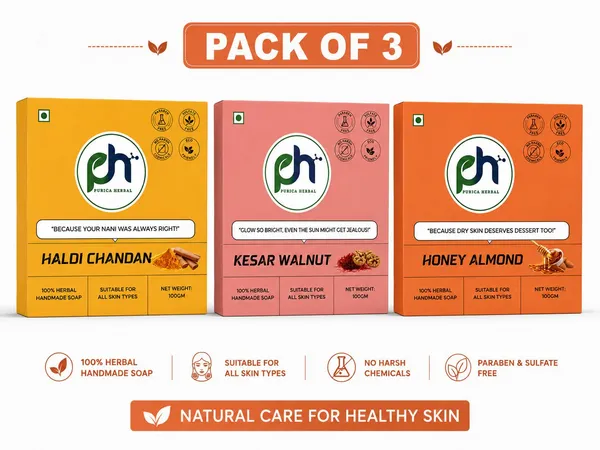 Purica_Herbal_Bestseller_Herbal_Handmade_Soap_Combo_(Haldi_Chandan+Kesar_Walnut+Honey_Almond)_(3_X_100_G)