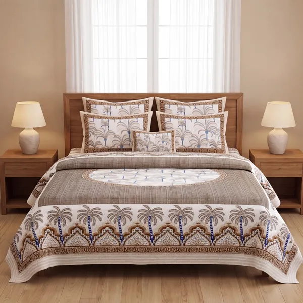 Pure_Cotton_Jaipuri_Cream_Brown_Royal_Palm_Print_King_Bedsheet