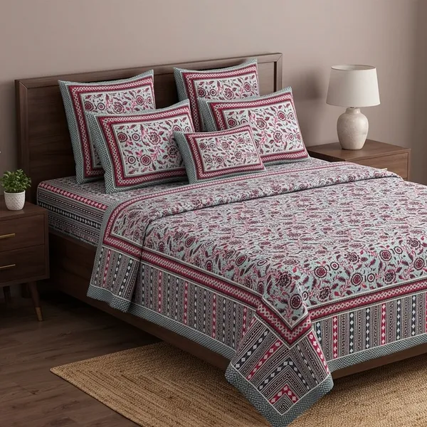 Pure_Cotton_Jaipuri_Grey_Maroon_Floral_Print_King_Bedsheet