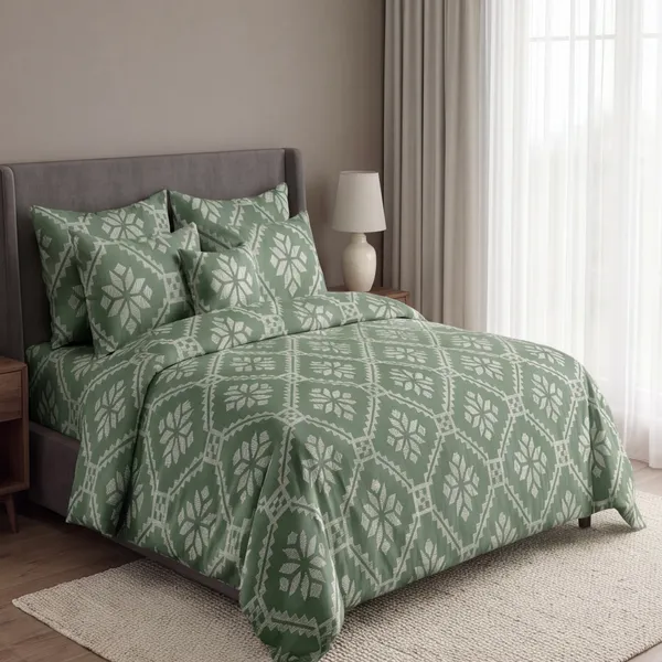 Pure_Cotton_Bohemian_Sage_Green_Geometric_Diamond_King_Bedsheet