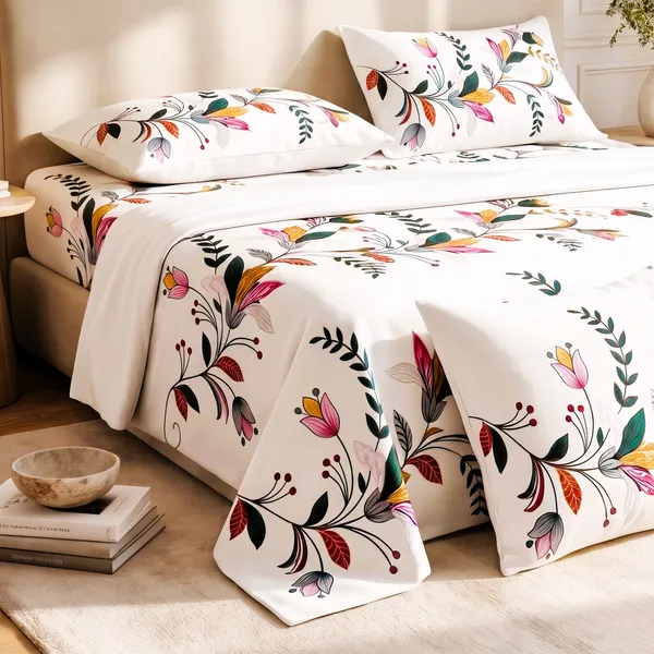 White_Botanical_Floral_Vine_Print_King_Bed_Sheet