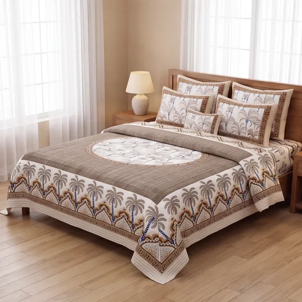 Pure_Cotton_Jaipuri_Cream_Brown_Royal_Palm_Print_King_Bedsheet