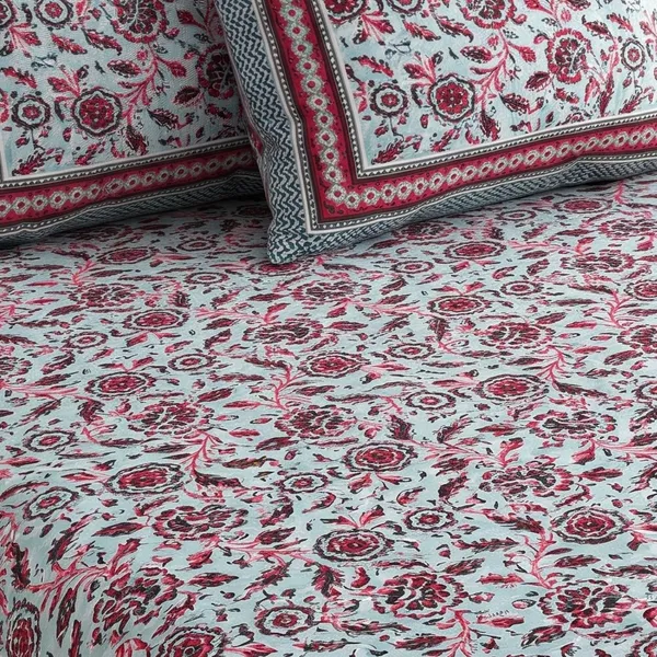 Pure_Cotton_Jaipuri_Grey_Maroon_Floral_Print_King_Bedsheet