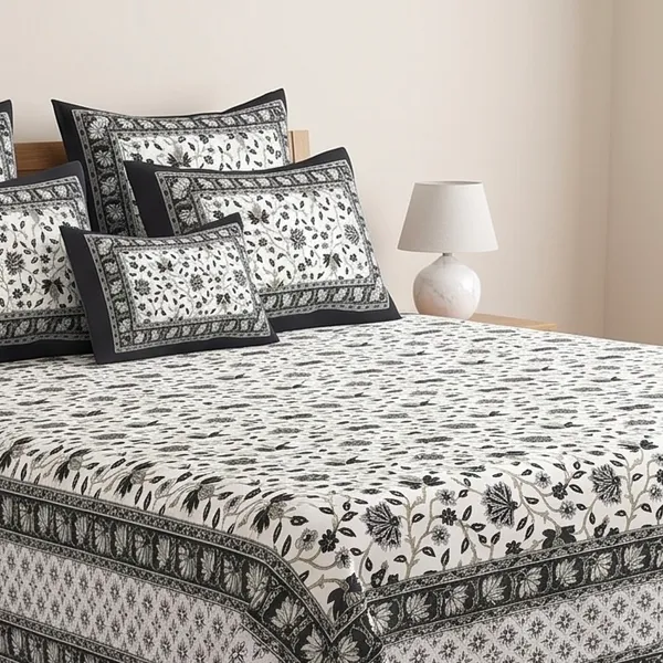 Pure_Cotton_Jaipuri_Floral_Jaal_White_Black_King_Size_Bedsheet