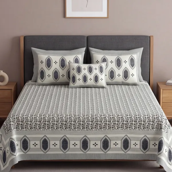 Pure_Cotton_Block_Style_Olive_Blue_Ditsy_Print_King_Bedsheet
