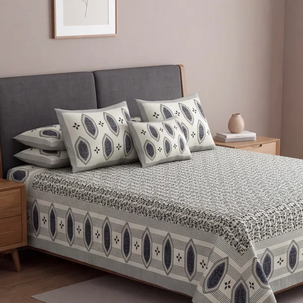 Pure_Cotton_Block_Style_Olive_Blue_Ditsy_Print_King_Bedsheet