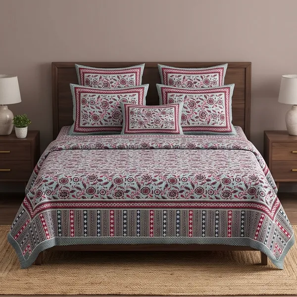 Pure_Cotton_Jaipuri_Grey_Maroon_Floral_Print_King_Bedsheet