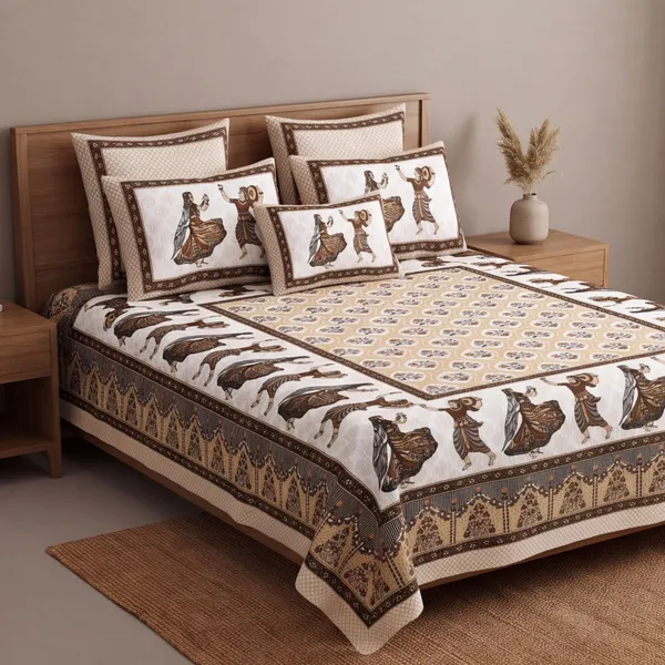Pure_Cotton_Jaipuri_Brown_Beige_Folk_Dance_Print_King_Bedsheet