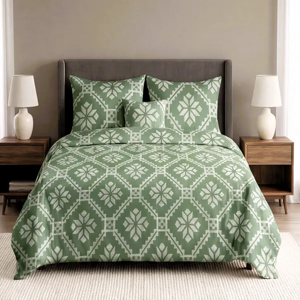 Pure_Cotton_Bohemian_Sage_Green_Geometric_Diamond_King_Bedsheet