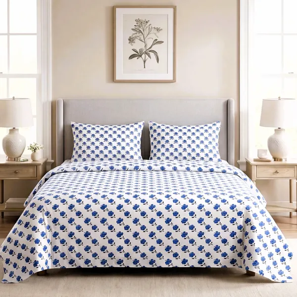 White_Cobalt_Blue_Floral_Sprig_Print_King_Bed_Sheet