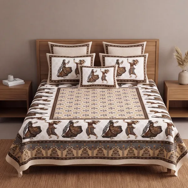 Pure_Cotton_Jaipuri_Brown_Beige_Folk_Dance_Print_King_Bedsheet