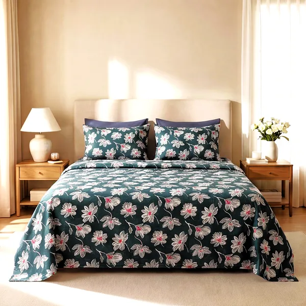 Botanical_Forest_Green_Floral_Print_King_Bedsheet