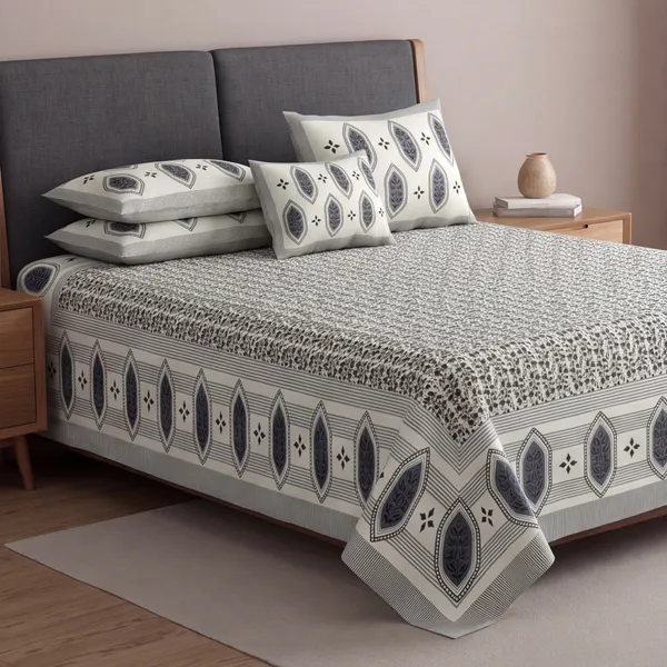 Pure_Cotton_Block_Style_Olive_Blue_Ditsy_Print_King_Bedsheet