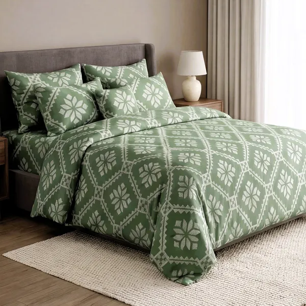 Pure_Cotton_Bohemian_Sage_Green_Geometric_Diamond_King_Bedsheet