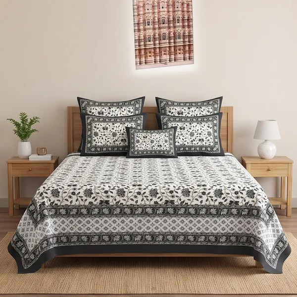 Pure_Cotton_Jaipuri_Floral_Jaal_White_Black_King_Size_Bedsheet