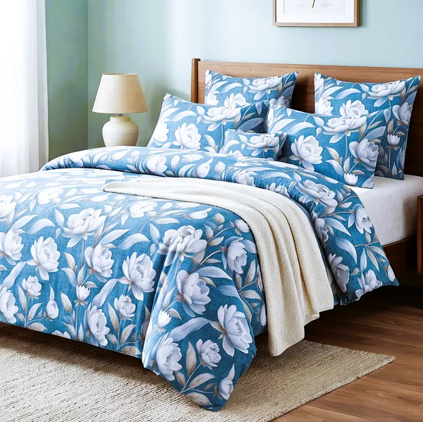 Botanical_Dusty_Blue_Floral_Print_King_Bedsheet