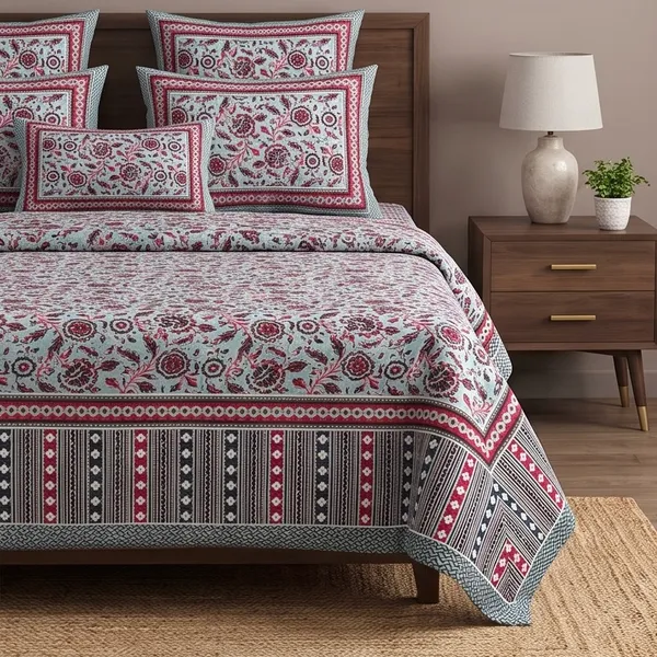 Pure_Cotton_Jaipuri_Grey_Maroon_Floral_Print_King_Bedsheet