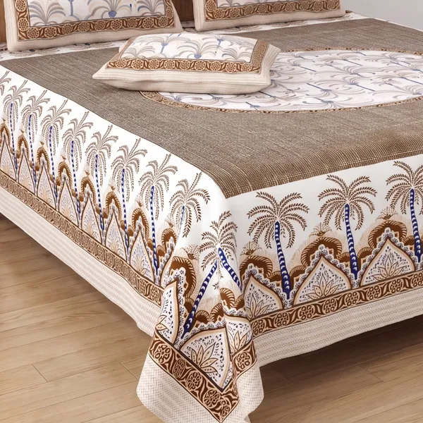 Pure_Cotton_Jaipuri_Cream_Brown_Royal_Palm_Print_King_Bedsheet