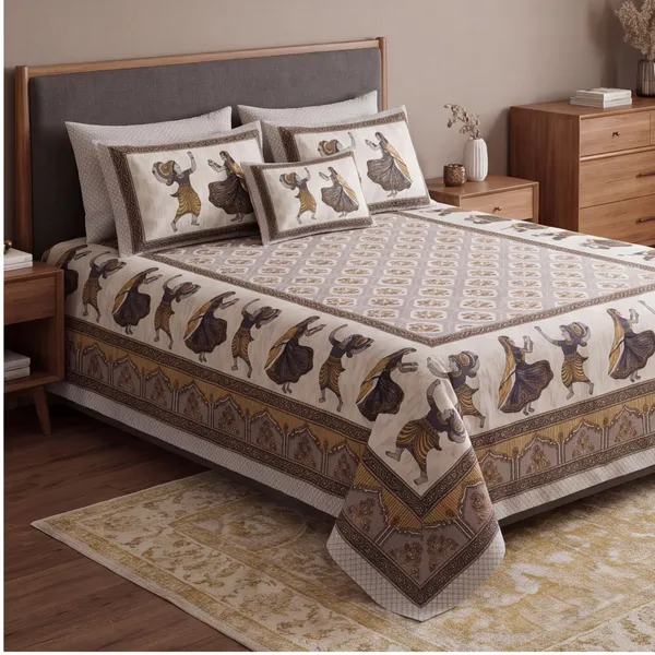 Pure_Cotton_Jaipuri_Cream_/_Warm_Taupe_Folk_Dance_Print_King_Bedsheet