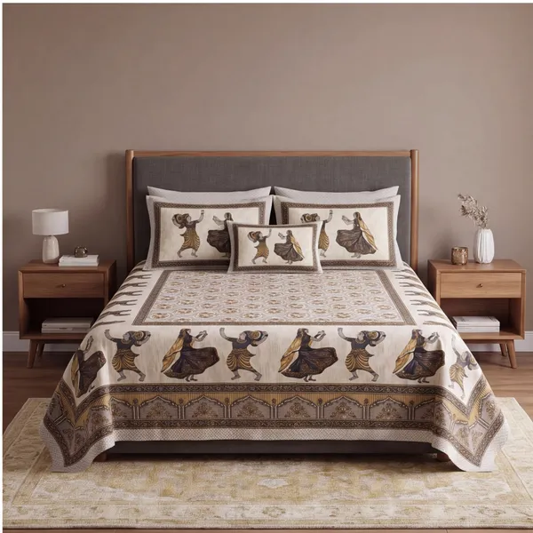 Pure_Cotton_Jaipuri_Cream_/_Warm_Taupe_Folk_Dance_Print_King_Bedsheet
