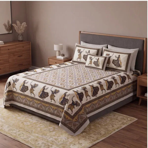 Pure_Cotton_Jaipuri_Cream_/_Warm_Taupe_Folk_Dance_Print_King_Bedsheet