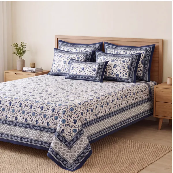 Pure_Cotton_Jaipuri_Floral_Jaal_White_Blue_King_Size_Bedsheet