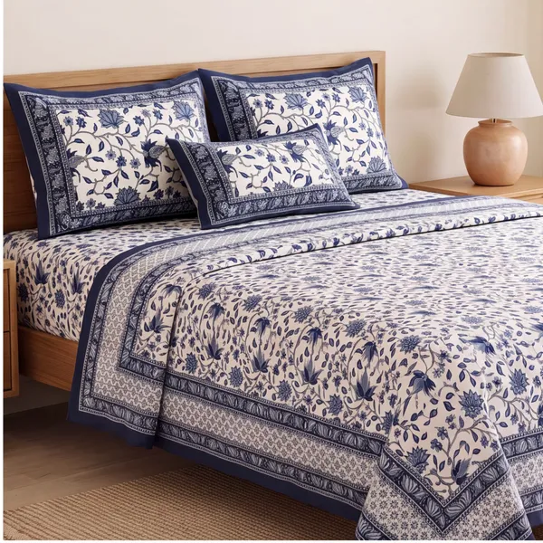 Pure_Cotton_Jaipuri_Floral_Jaal_White_Blue_King_Size_Bedsheet