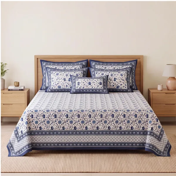 Pure_Cotton_Jaipuri_Floral_Jaal_White_Blue_King_Size_Bedsheet