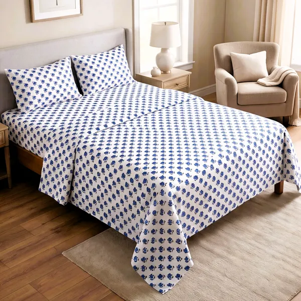 White_Cobalt_Blue_Floral_Sprig_Print_King_Bed_Sheet