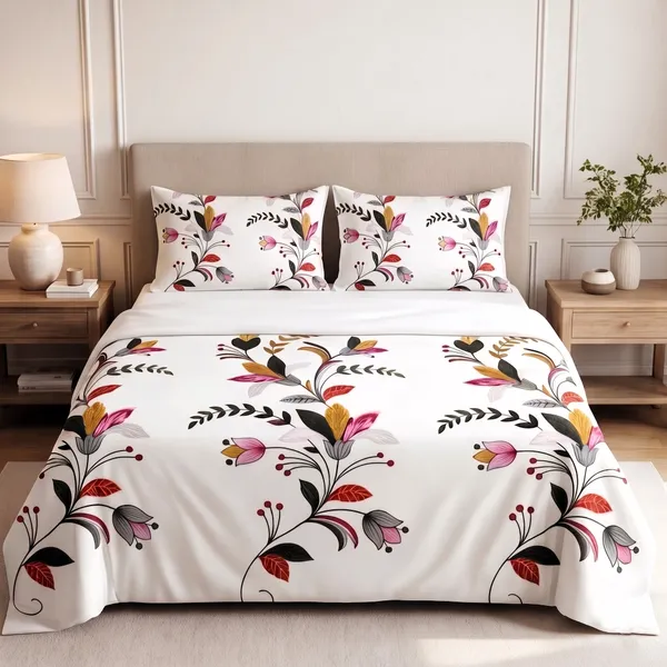 White_Botanical_Floral_Vine_Print_King_Bed_Sheet