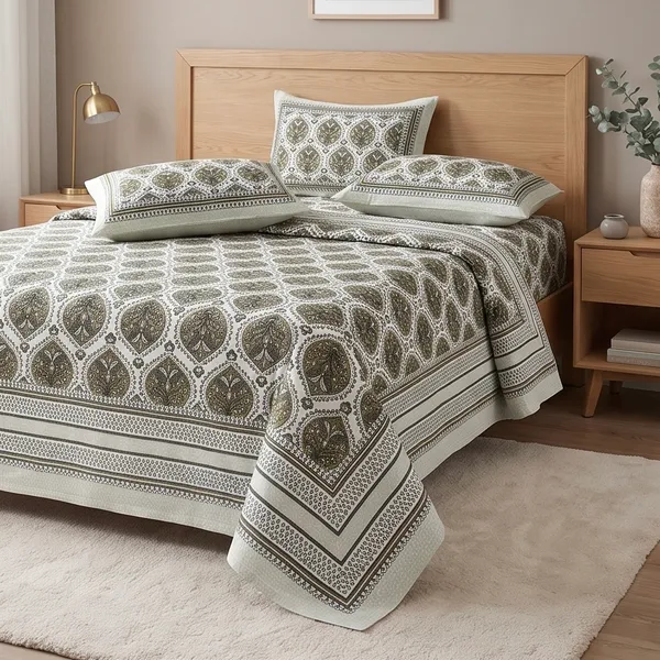 Pure_Cotton_Jaipuri_Block_Print_Mustard_Olive_King_Size_Bedsheet