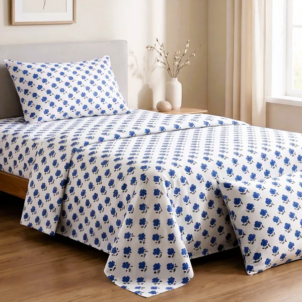 White_Cobalt_Blue_Floral_Sprig_Print_King_Bed_Sheet