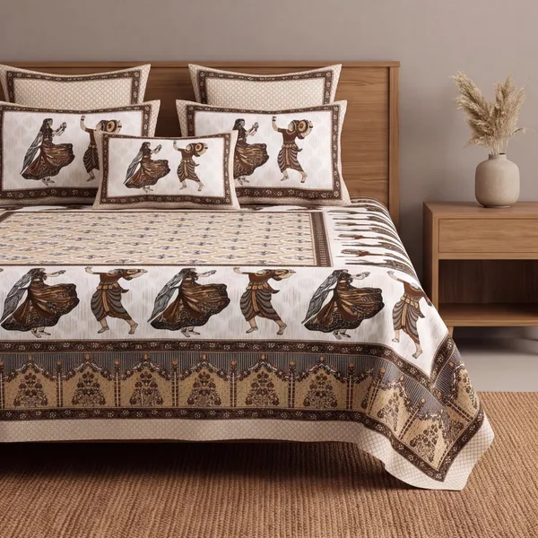 Pure_Cotton_Jaipuri_Brown_Beige_Folk_Dance_Print_King_Bedsheet