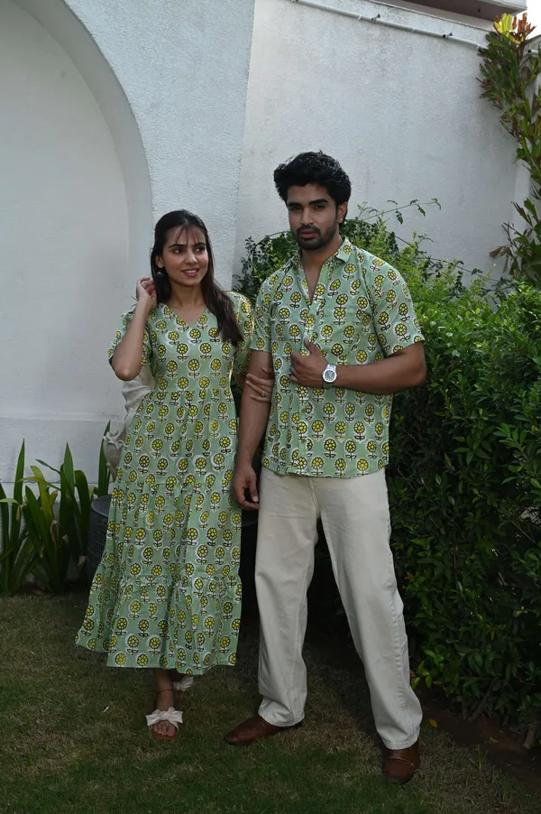 Couple_Matching_Light_Green_Printed_Cotton_Anarkali_Midi_Dress_Shirt_Set_Summer_Casual_Wear