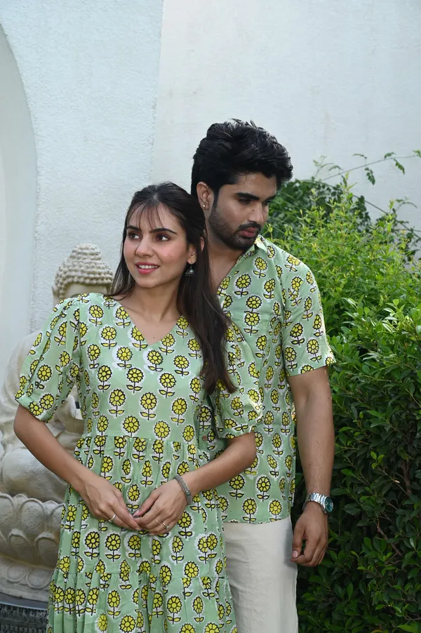 Couple_Matching_Light_Green_Printed_Cotton_Anarkali_Midi_Dress_Shirt_Set_Summer_Casual_Wear