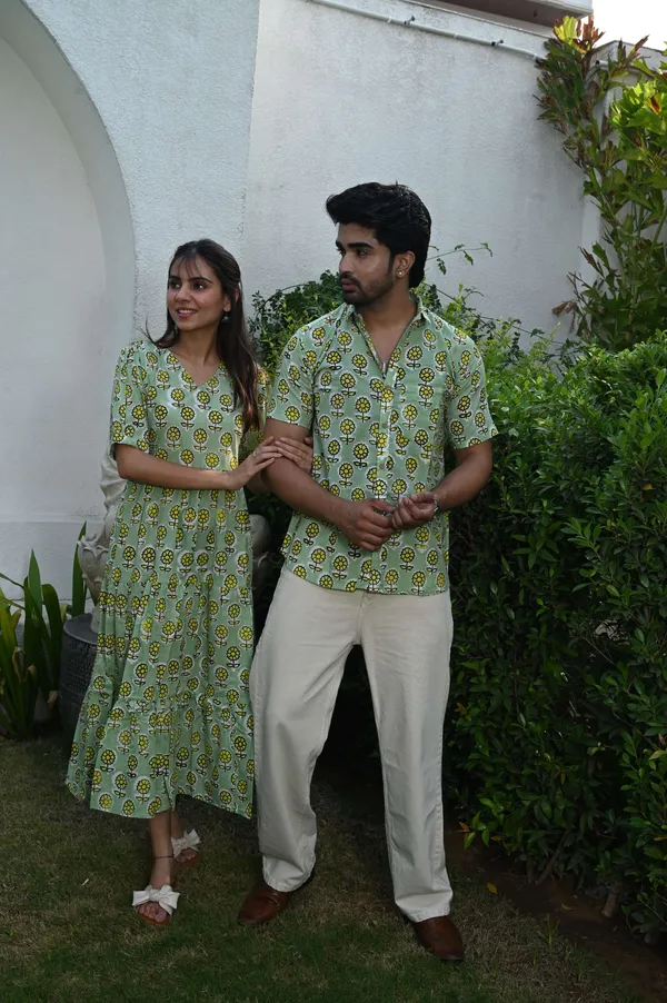 Couple_Matching_Light_Green_Printed_Cotton_Anarkali_Midi_Dress_Shirt_Set_Summer_Casual_Wear