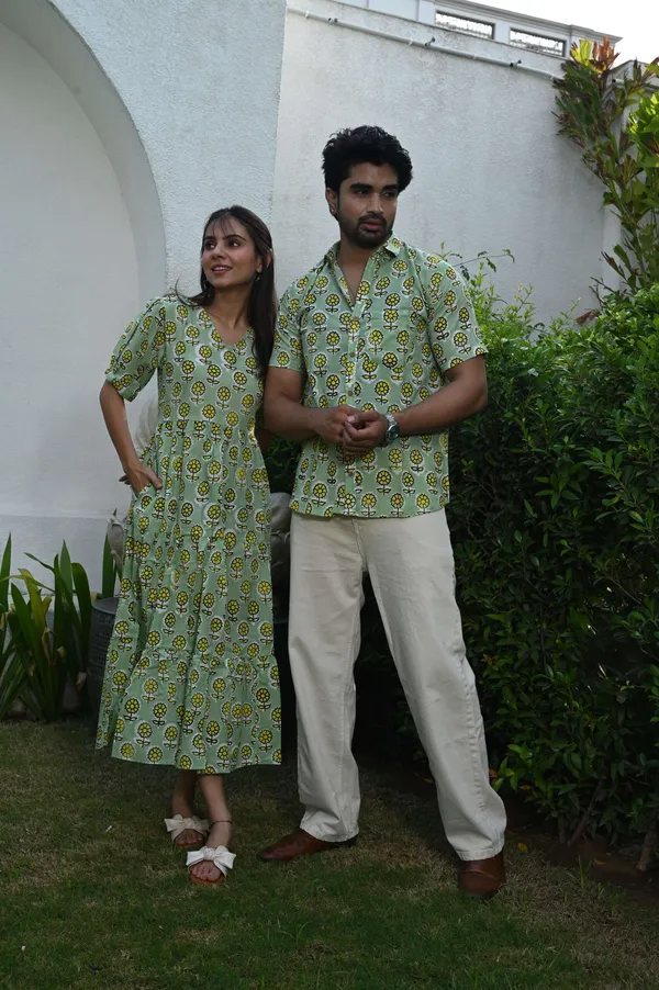 Couple_Matching_Light_Green_Printed_Cotton_Anarkali_Midi_Dress_Shirt_Set_Summer_Casual_Wear