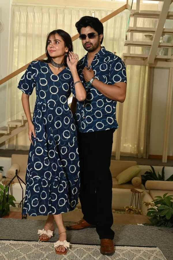 Couple_Matching_Navy_Blue_Circular_Print_Cotton_Anarkali_Midi_Dress_And_Shirt_Set