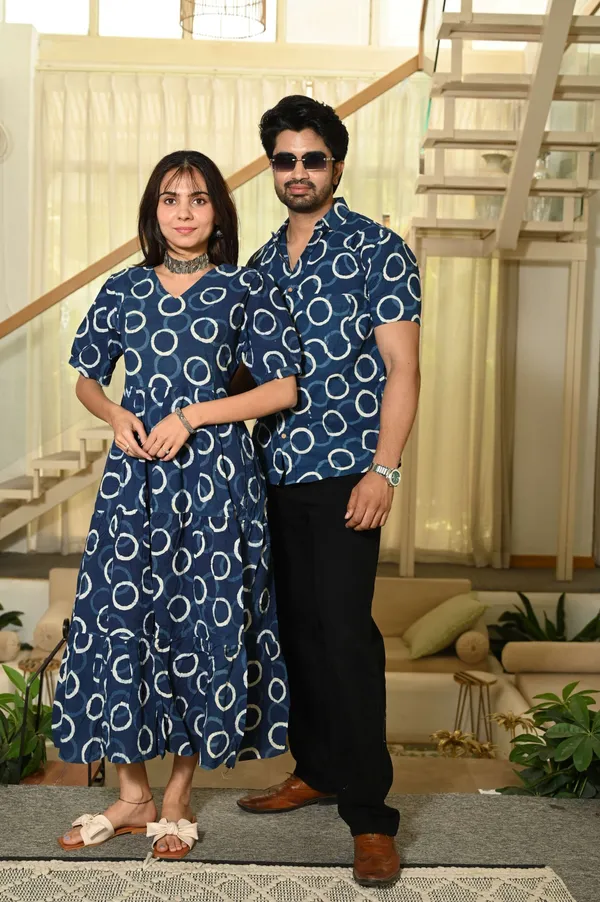 Couple_Matching_Navy_Blue_Circular_Print_Cotton_Anarkali_Midi_Dress_And_Shirt_Set