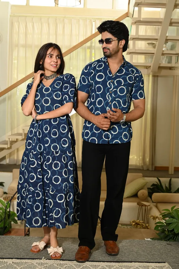 Couple_Matching_Navy_Blue_Circular_Print_Cotton_Anarkali_Midi_Dress_And_Shirt_Set