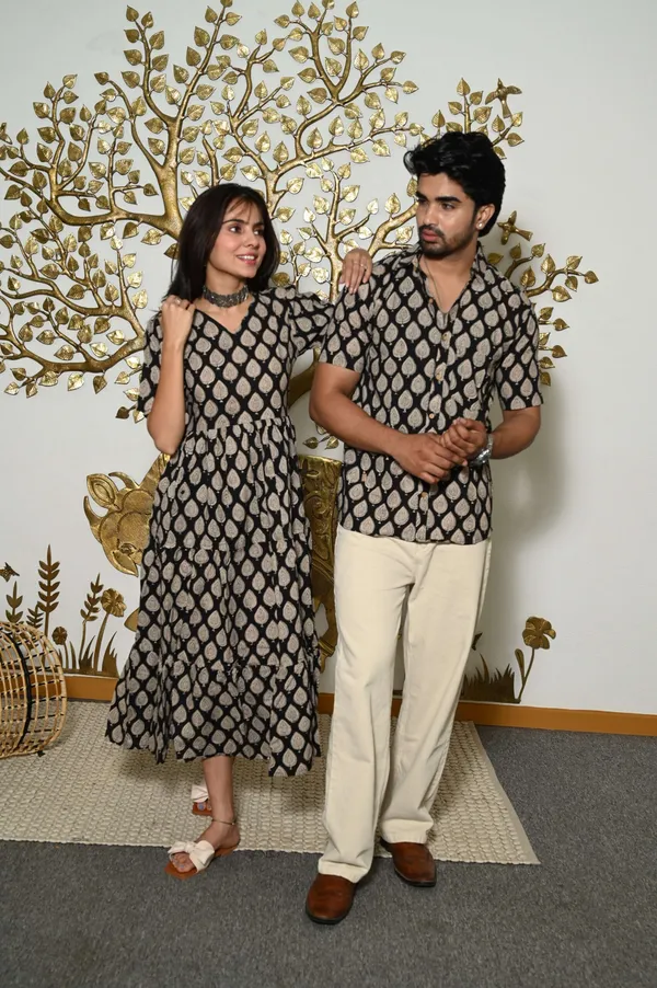 Couple_Matching_Black_Beige_Cotton_Anarkali_Midi_Dress_And_Shirt_Set_Leaf_Print_Twinning_Outfit