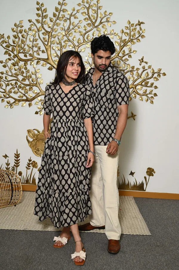 Couple_Matching_Black_Beige_Cotton_Anarkali_Midi_Dress_And_Shirt_Set_Leaf_Print_Twinning_Outfit