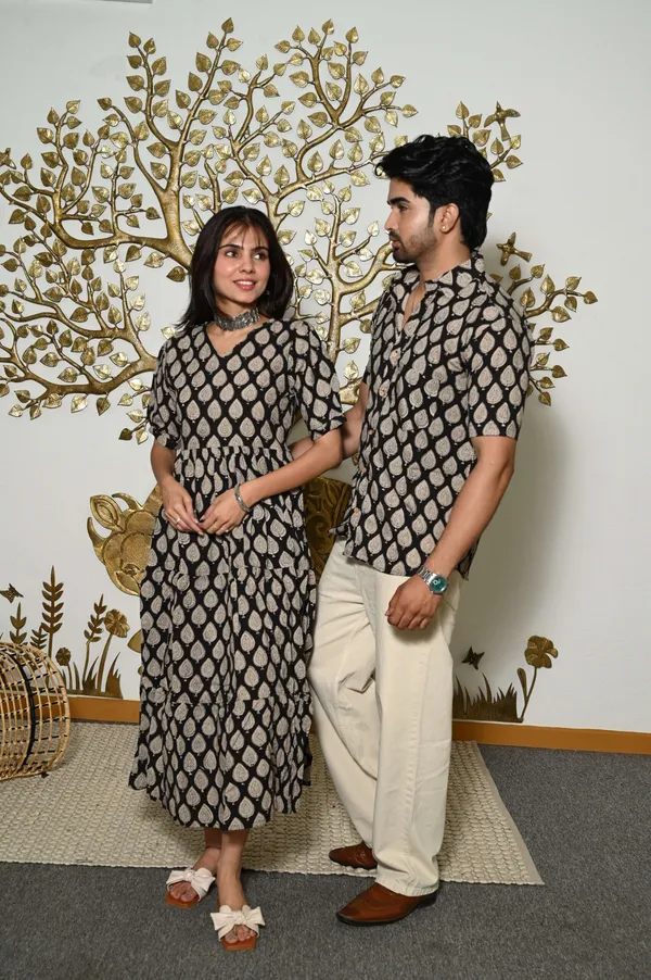 Couple_Matching_Black_Beige_Cotton_Anarkali_Midi_Dress_And_Shirt_Set_Leaf_Print_Twinning_Outfit