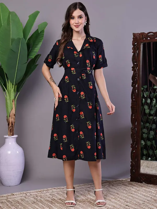 Women_S_Elegant_Indigo_Orange_Floral_Block_Print_Cotton_Shirt_Dress
