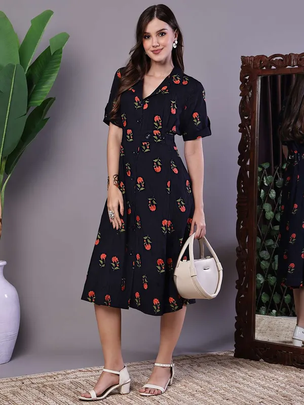 Women_S_Elegant_Indigo_Orange_Floral_Block_Print_Cotton_Shirt_Dress